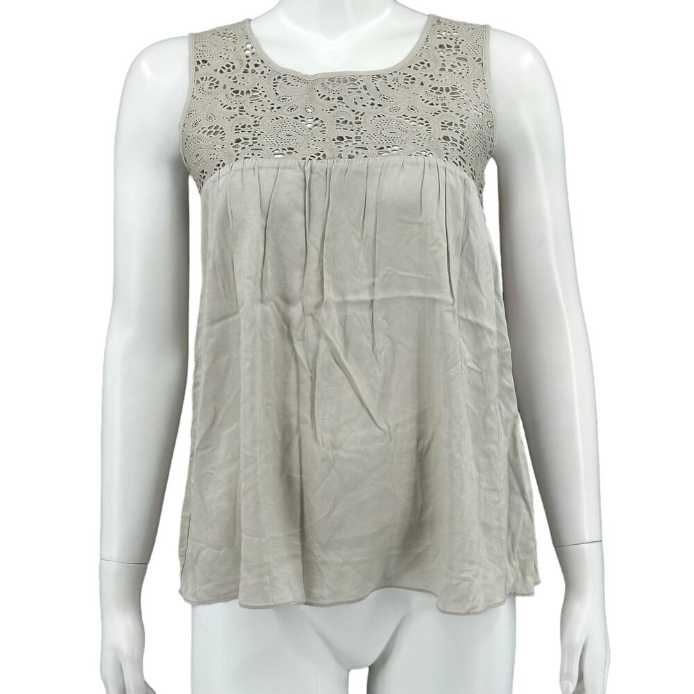Patterson J Kincaid Top Women XS Taupe Laser Cut Italian Leather Yoke Sleeveless